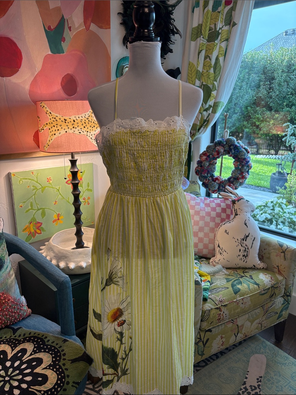 ANTHROPOLOGIE Yellow Striped Floral Sundress with Lace Trim